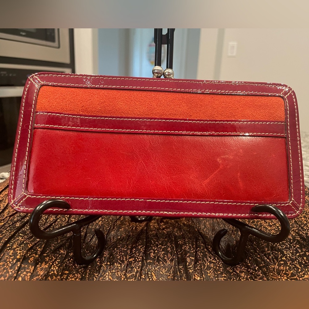 Fossil Red and Orange suede/Leather Clutch fossil stamped snap closure